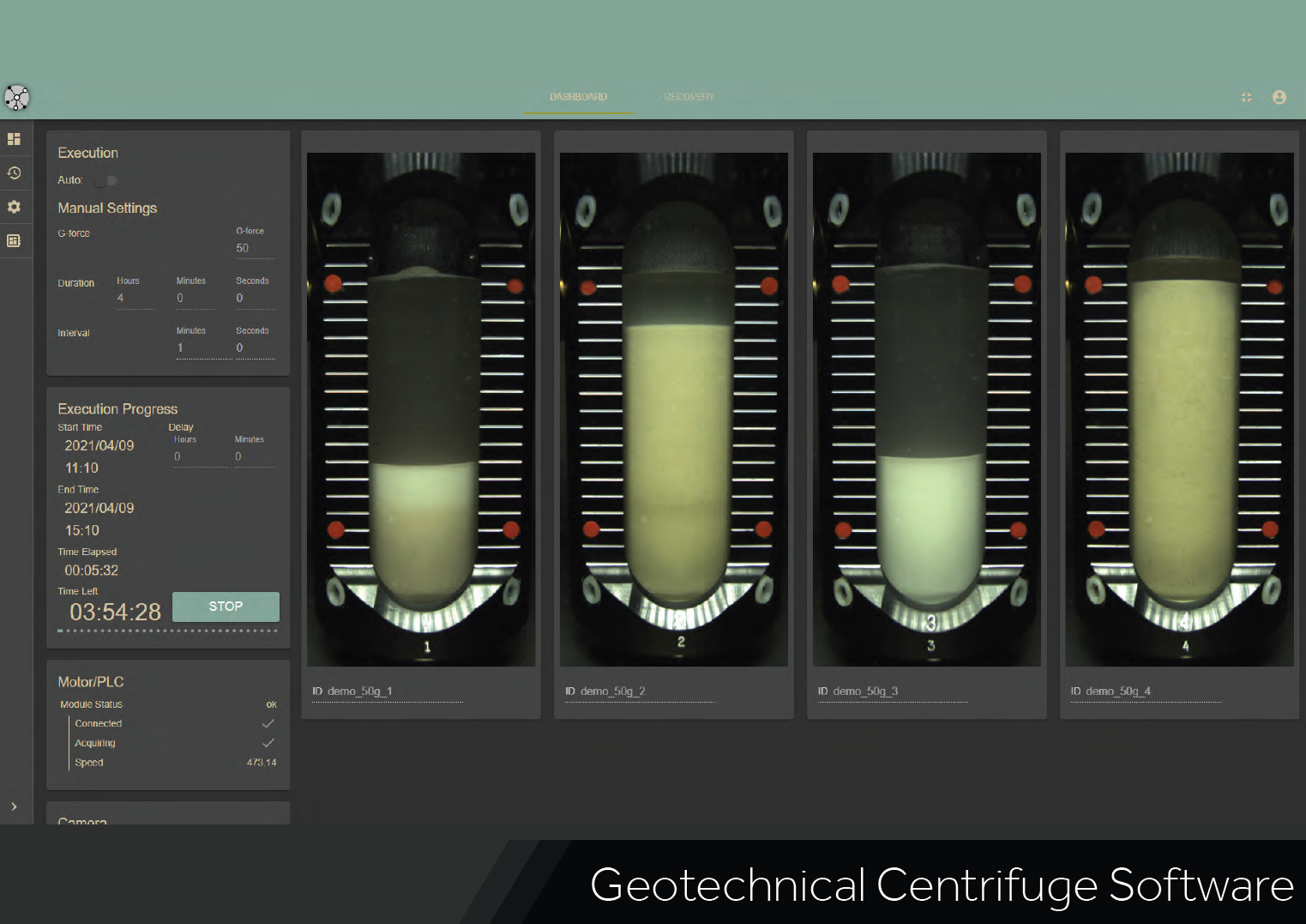 screenshot of custom software showing consolidation of material samples inside geotechnical centrifuge